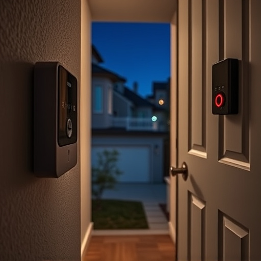 compact wireless doorbell at urban entry,emergency alert system inside hallway,apartment entry secured with bolt lock,doorbell camera recording visitor at night,night vision security camera watching driveway,flashing red home security alert light at night