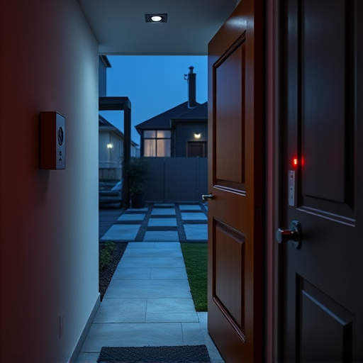 compact wireless doorbell at urban entry,emergency alert system inside hallway,apartment entry secured with bolt lock,doorbell camera recording visitor at night,night vision security camera watching driveway,flashing red home security alert light at night