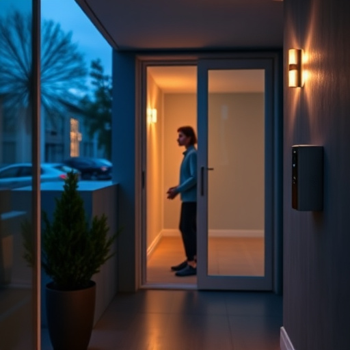 compact wireless doorbell at urban entry,doorbell camera recording visitor at night,emergency alert system inside hallway,connected smart home with multiple sensors,ai security camera scanning for movement,glass break sensor on sliding door