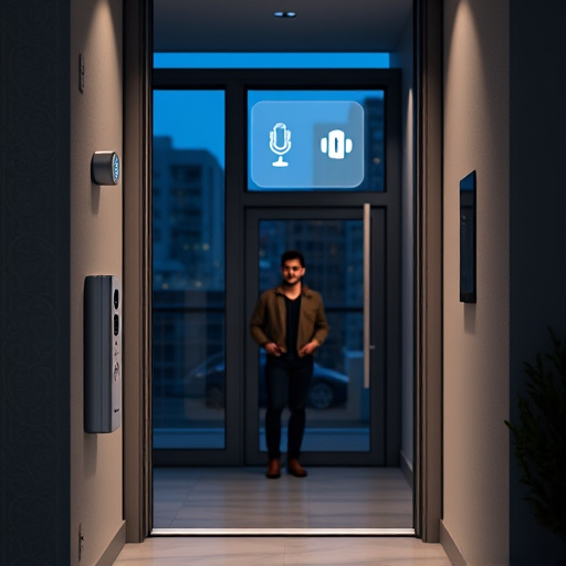 compact wireless doorbell at urban entry,doorbell camera recording visitor at night,emergency alert system inside hallway,connected smart home with multiple sensors,ai security camera scanning for movement,glass break sensor on sliding door