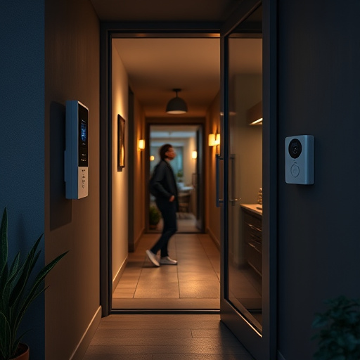 compact wireless doorbell at urban entry,doorbell camera recording visitor at night,emergency alert system inside hallway,connected smart home with multiple sensors,ai security camera scanning for movement,glass break sensor on sliding door