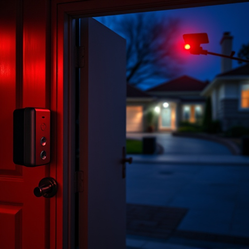 compact wireless doorbell at urban entry,emergency alert system inside hallway,apartment entry secured with bolt lock,doorbell camera recording visitor at night,night vision security camera watching driveway,flashing red home security alert light at night