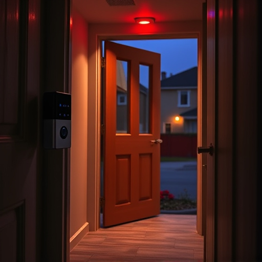 compact wireless doorbell at urban entry,emergency alert system inside hallway,apartment entry secured with bolt lock,doorbell camera recording visitor at night,night vision security camera watching driveway,flashing red home security alert light at night