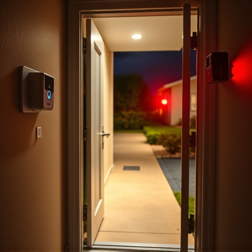 compact wireless doorbell at urban entry,emergency alert system inside hallway,apartment entry secured with bolt lock,doorbell camera recording visitor at night,night vision security camera watching driveway,flashing red home security alert light at night