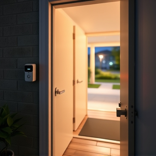 compact wireless doorbell at urban entry,emergency alert system inside hallway,apartment entry secured with bolt lock,doorbell camera recording visitor at night,night vision security camera watching driveway,flashing red home security alert light at night