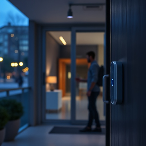compact wireless doorbell at urban entry,doorbell camera recording visitor at night,emergency alert system inside hallway,connected smart home with multiple sensors,ai security camera scanning for movement,glass break sensor on sliding door