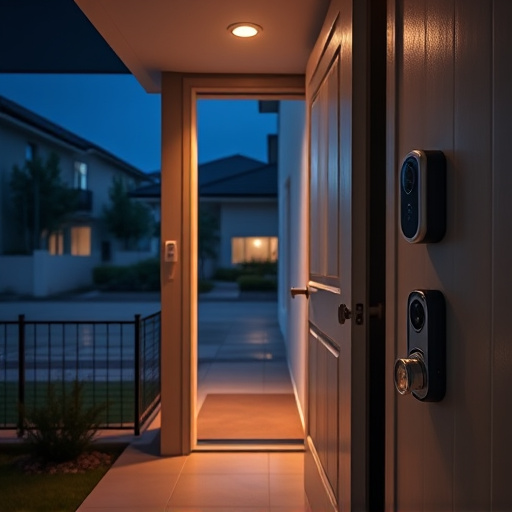 compact wireless doorbell at urban entry,emergency alert system inside hallway,apartment entry secured with bolt lock,doorbell camera recording visitor at night,night vision security camera watching driveway,flashing red home security alert light at night