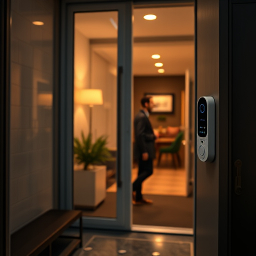 compact wireless doorbell at urban entry,doorbell camera recording visitor at night,emergency alert system inside hallway,connected smart home with multiple sensors,ai security camera scanning for movement,glass break sensor on sliding door