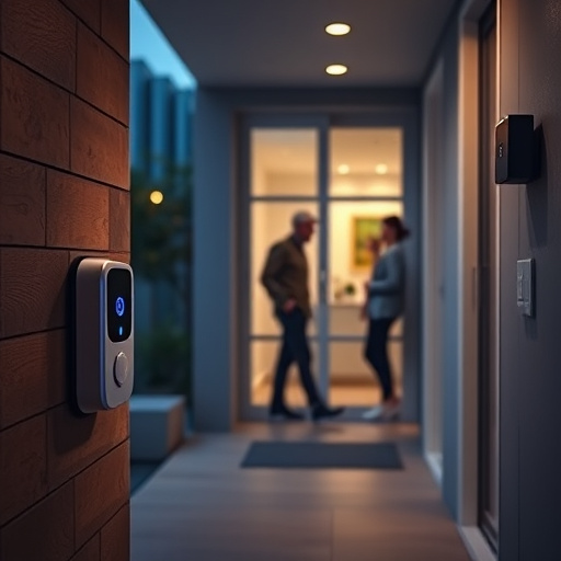 compact wireless doorbell at urban entry,doorbell camera recording visitor at night,emergency alert system inside hallway,connected smart home with multiple sensors,ai security camera scanning for movement,glass break sensor on sliding door