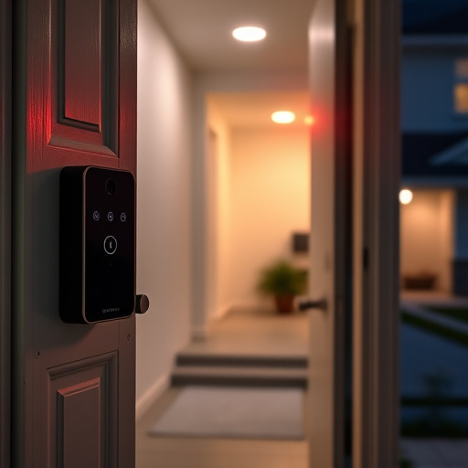 compact wireless doorbell at urban entry,emergency alert system inside hallway,apartment entry secured with bolt lock,doorbell camera recording visitor at night,night vision security camera watching driveway,flashing red home security alert light at night