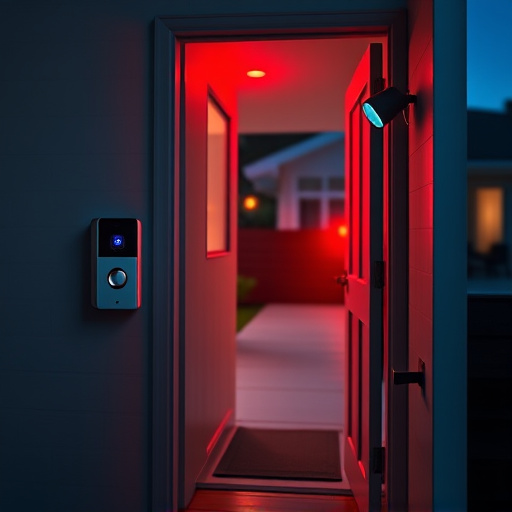 compact wireless doorbell at urban entry,emergency alert system inside hallway,apartment entry secured with bolt lock,doorbell camera recording visitor at night,night vision security camera watching driveway,flashing red home security alert light at night