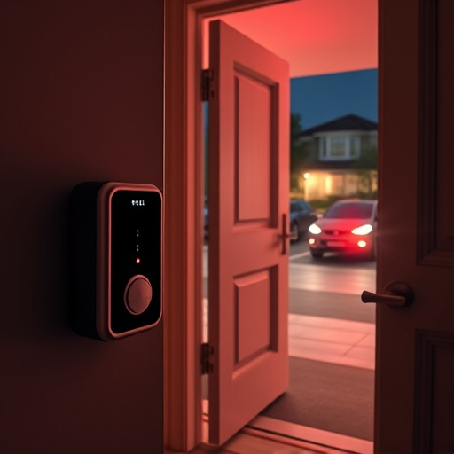 compact wireless doorbell at urban entry,emergency alert system inside hallway,apartment entry secured with bolt lock,doorbell camera recording visitor at night,night vision security camera watching driveway,flashing red home security alert light at night