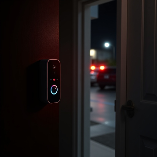 compact wireless doorbell at urban entry,emergency alert system inside hallway,apartment entry secured with bolt lock,doorbell camera recording visitor at night,night vision security camera watching driveway,flashing red home security alert light at night