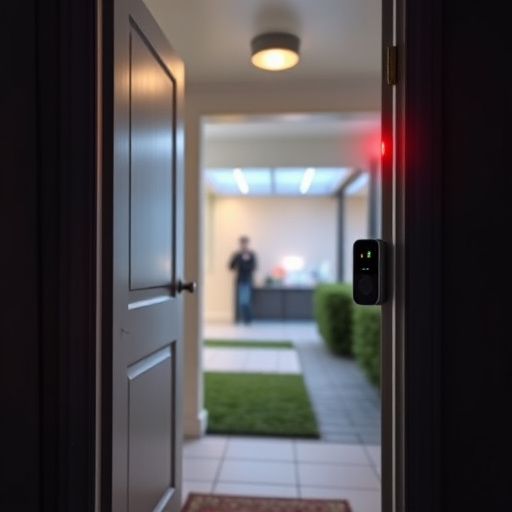 compact wireless doorbell at urban entry,emergency alert system inside hallway,apartment entry secured with bolt lock,doorbell camera recording visitor at night,night vision security camera watching driveway,flashing red home security alert light at night