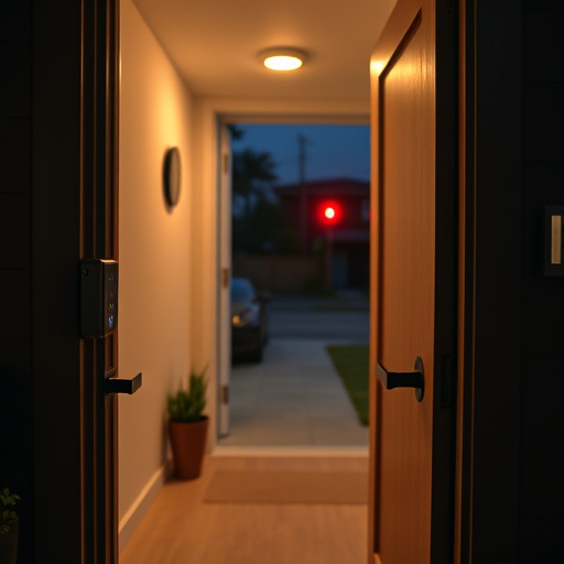 compact wireless doorbell at urban entry,emergency alert system inside hallway,apartment entry secured with bolt lock,doorbell camera recording visitor at night,night vision security camera watching driveway,flashing red home security alert light at night