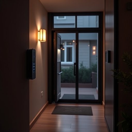 compact wireless doorbell at urban entry,doorbell camera recording visitor at night,emergency alert system inside hallway,connected smart home with multiple sensors,ai security camera scanning for movement,glass break sensor on sliding door