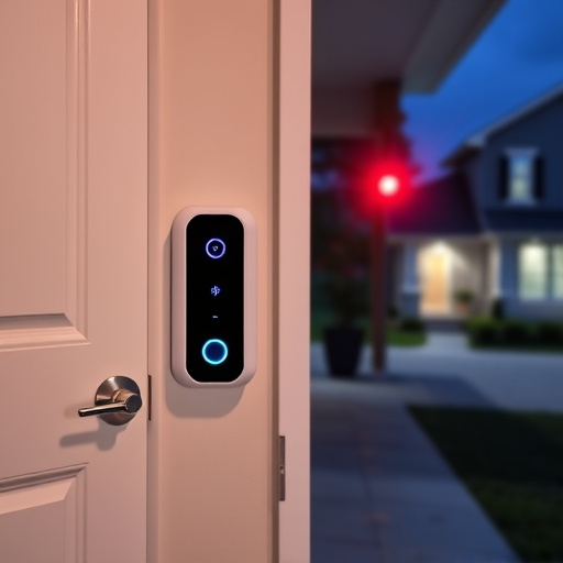 compact wireless doorbell at urban entry,emergency alert system inside hallway,apartment entry secured with bolt lock,doorbell camera recording visitor at night,night vision security camera watching driveway,flashing red home security alert light at night