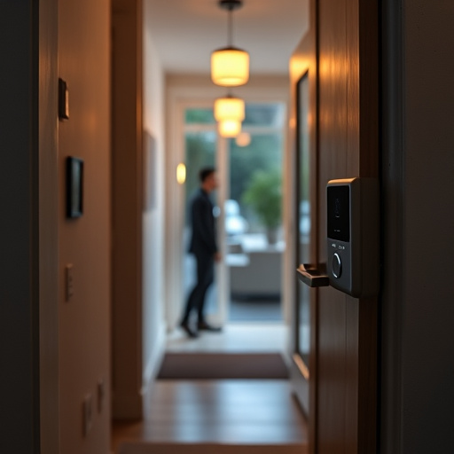 compact wireless doorbell at urban entry,doorbell camera recording visitor at night,emergency alert system inside hallway,connected smart home with multiple sensors,ai security camera scanning for movement,glass break sensor on sliding door