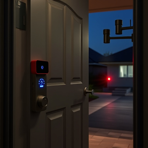 compact wireless doorbell at urban entry,emergency alert system inside hallway,apartment entry secured with bolt lock,doorbell camera recording visitor at night,night vision security camera watching driveway,flashing red home security alert light at night