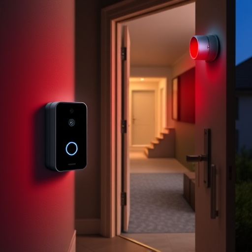 compact wireless doorbell at urban entry,emergency alert system inside hallway,apartment entry secured with bolt lock,doorbell camera recording visitor at night,night vision security camera watching driveway,flashing red home security alert light at night