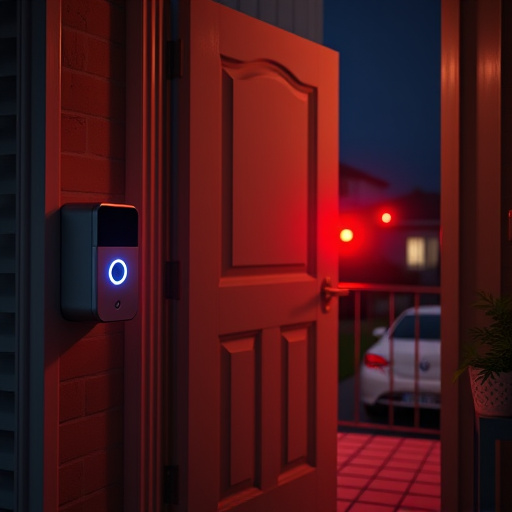 compact wireless doorbell at urban entry,emergency alert system inside hallway,apartment entry secured with bolt lock,doorbell camera recording visitor at night,night vision security camera watching driveway,flashing red home security alert light at night