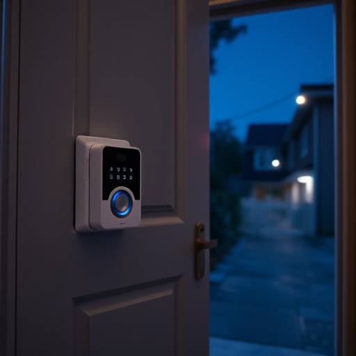 compact wireless doorbell at urban entry,emergency alert system inside hallway,apartment entry secured with bolt lock,doorbell camera recording visitor at night,night vision security camera watching driveway,flashing red home security alert light at night