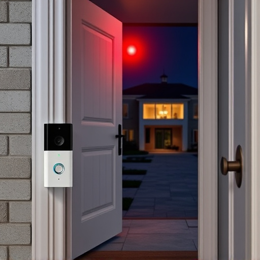compact wireless doorbell at urban entry,emergency alert system inside hallway,apartment entry secured with bolt lock,doorbell camera recording visitor at night,night vision security camera watching driveway,flashing red home security alert light at night