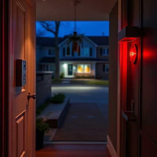 compact wireless doorbell at urban entry,emergency alert system inside hallway,apartment entry secured with bolt lock,doorbell camera recording visitor at night,night vision security camera watching driveway,flashing red home security alert light at night