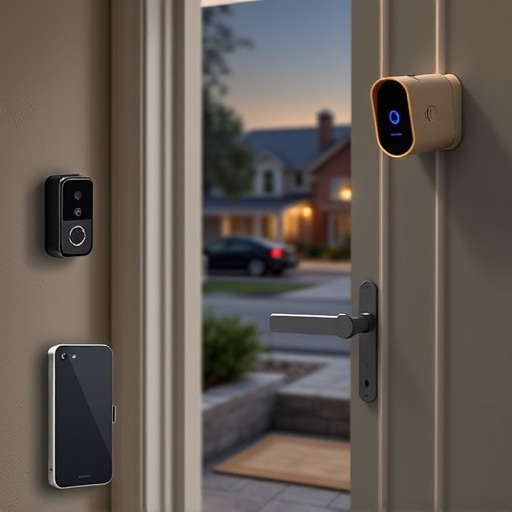 compact wireless doorbell at urban entry,emergency alert system inside hallway,apartment entry secured with bolt lock,doorbell camera recording visitor at night,night vision security camera watching driveway,flashing red home security alert light at night