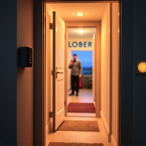 compact wireless doorbell at urban entry,emergency alert system inside hallway,apartment entry secured with bolt lock,doorbell camera recording visitor at night,night vision security camera watching driveway,flashing red home security alert light at night