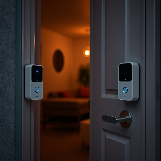 compact wireless doorbell at urban entry,emergency alert system inside hallway,apartment entry secured with bolt lock,doorbell camera recording visitor at night,night vision security camera watching driveway,flashing red home security alert light at night