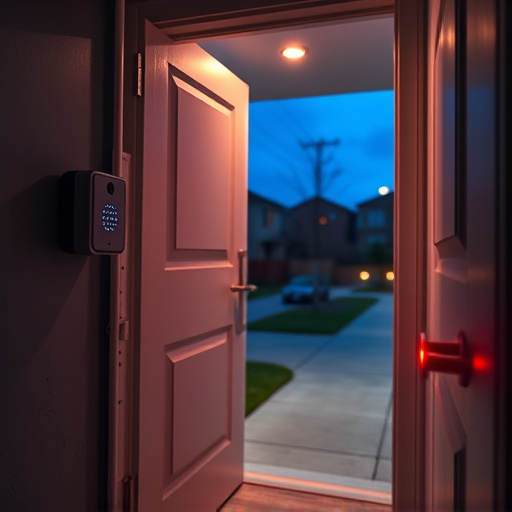 compact wireless doorbell at urban entry,emergency alert system inside hallway,apartment entry secured with bolt lock,doorbell camera recording visitor at night,night vision security camera watching driveway,flashing red home security alert light at night