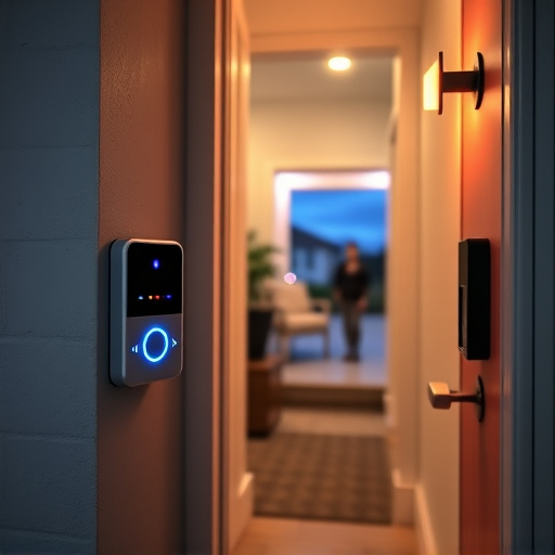 compact wireless doorbell at urban entry,emergency alert system inside hallway,apartment entry secured with bolt lock,doorbell camera recording visitor at night,night vision security camera watching driveway,flashing red home security alert light at night