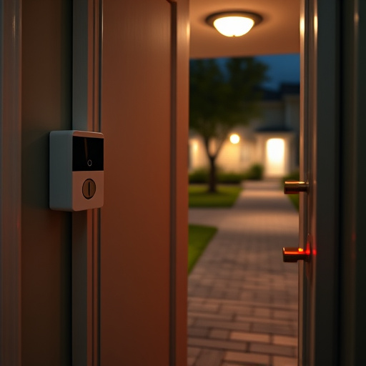 compact wireless doorbell at urban entry,emergency alert system inside hallway,apartment entry secured with bolt lock,doorbell camera recording visitor at night,night vision security camera watching driveway,flashing red home security alert light at night