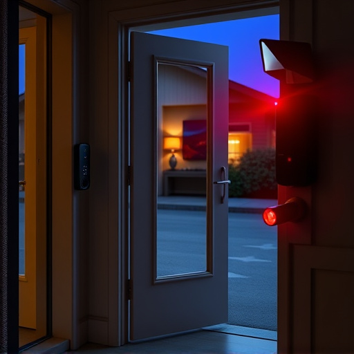 compact wireless doorbell at urban entry,emergency alert system inside hallway,apartment entry secured with bolt lock,doorbell camera recording visitor at night,night vision security camera watching driveway,flashing red home security alert light at night