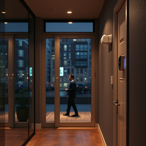 compact wireless doorbell at urban entry,doorbell camera recording visitor at night,emergency alert system inside hallway,connected smart home with multiple sensors,ai security camera scanning for movement,glass break sensor on sliding door