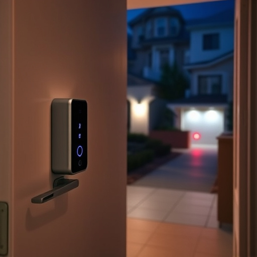 compact wireless doorbell at urban entry,emergency alert system inside hallway,apartment entry secured with bolt lock,doorbell camera recording visitor at night,night vision security camera watching driveway,flashing red home security alert light at night