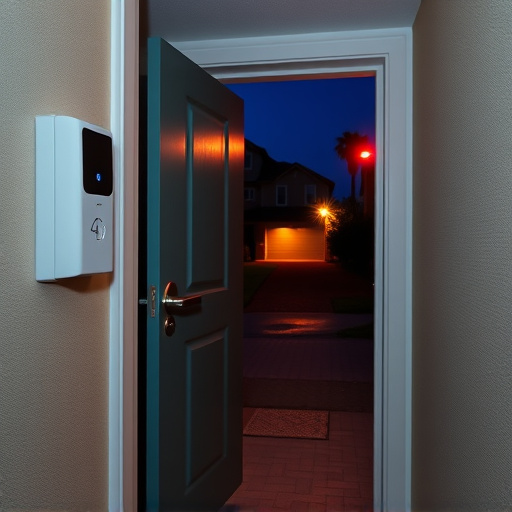 compact wireless doorbell at urban entry,emergency alert system inside hallway,apartment entry secured with bolt lock,doorbell camera recording visitor at night,night vision security camera watching driveway,flashing red home security alert light at night