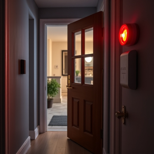 compact wireless doorbell at urban entry,emergency alert system inside hallway,apartment entry secured with bolt lock,doorbell camera recording visitor at night,night vision security camera watching driveway,flashing red home security alert light at night