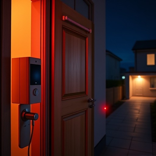 compact wireless doorbell at urban entry,emergency alert system inside hallway,apartment entry secured with bolt lock,doorbell camera recording visitor at night,night vision security camera watching driveway,flashing red home security alert light at night