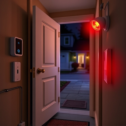 compact wireless doorbell at urban entry,emergency alert system inside hallway,apartment entry secured with bolt lock,doorbell camera recording visitor at night,night vision security camera watching driveway,flashing red home security alert light at night