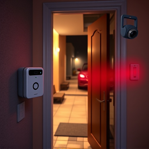 compact wireless doorbell at urban entry,emergency alert system inside hallway,apartment entry secured with bolt lock,doorbell camera recording visitor at night,night vision security camera watching driveway,flashing red home security alert light at night