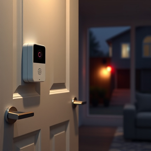 compact wireless doorbell at urban entry,emergency alert system inside hallway,apartment entry secured with bolt lock,doorbell camera recording visitor at night,night vision security camera watching driveway,flashing red home security alert light at night