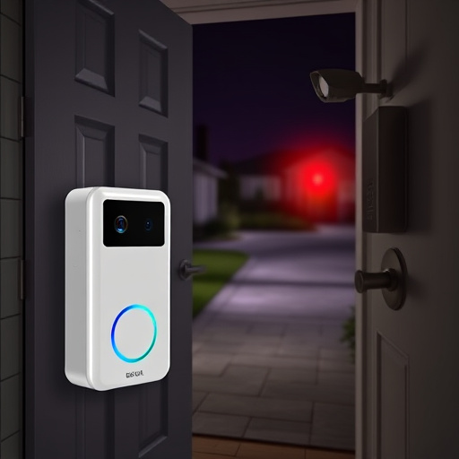 compact wireless doorbell at urban entry,emergency alert system inside hallway,apartment entry secured with bolt lock,doorbell camera recording visitor at night,night vision security camera watching driveway,flashing red home security alert light at night
