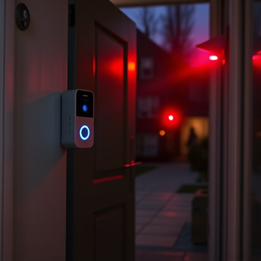 compact wireless doorbell at urban entry,emergency alert system inside hallway,apartment entry secured with bolt lock,doorbell camera recording visitor at night,night vision security camera watching driveway,flashing red home security alert light at night