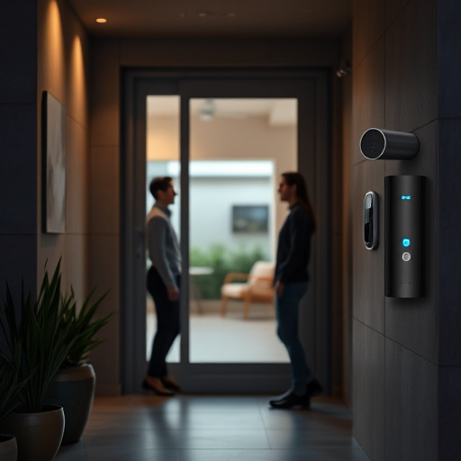 compact wireless doorbell at urban entry,doorbell camera recording visitor at night,emergency alert system inside hallway,connected smart home with multiple sensors,ai security camera scanning for movement,glass break sensor on sliding door