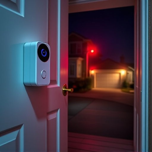 compact wireless doorbell at urban entry,emergency alert system inside hallway,apartment entry secured with bolt lock,doorbell camera recording visitor at night,night vision security camera watching driveway,flashing red home security alert light at night