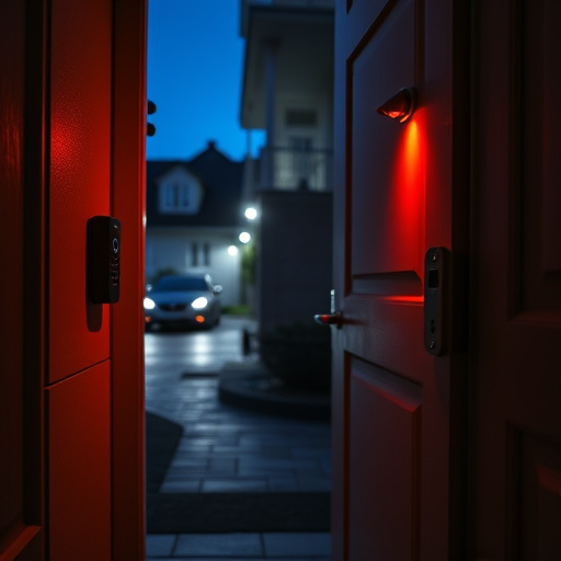 compact wireless doorbell at urban entry,emergency alert system inside hallway,apartment entry secured with bolt lock,doorbell camera recording visitor at night,night vision security camera watching driveway,flashing red home security alert light at night