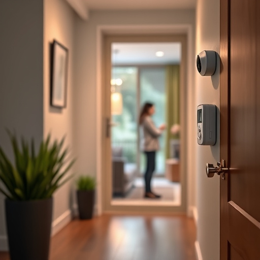 compact wireless doorbell at urban entry,doorbell camera recording visitor at night,emergency alert system inside hallway,connected smart home with multiple sensors,ai security camera scanning for movement,glass break sensor on sliding door