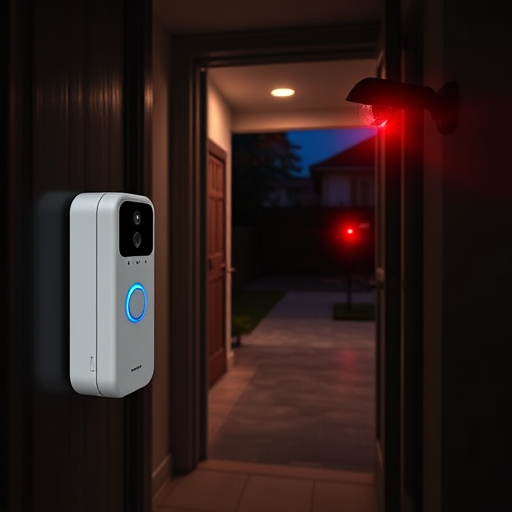compact wireless doorbell at urban entry,emergency alert system inside hallway,apartment entry secured with bolt lock,doorbell camera recording visitor at night,night vision security camera watching driveway,flashing red home security alert light at night